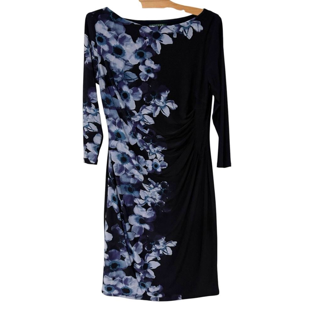 Lauren Ralph Lauren | Dress Floral Ruched 3/4 Sleeves Business Career Navy Sz 12